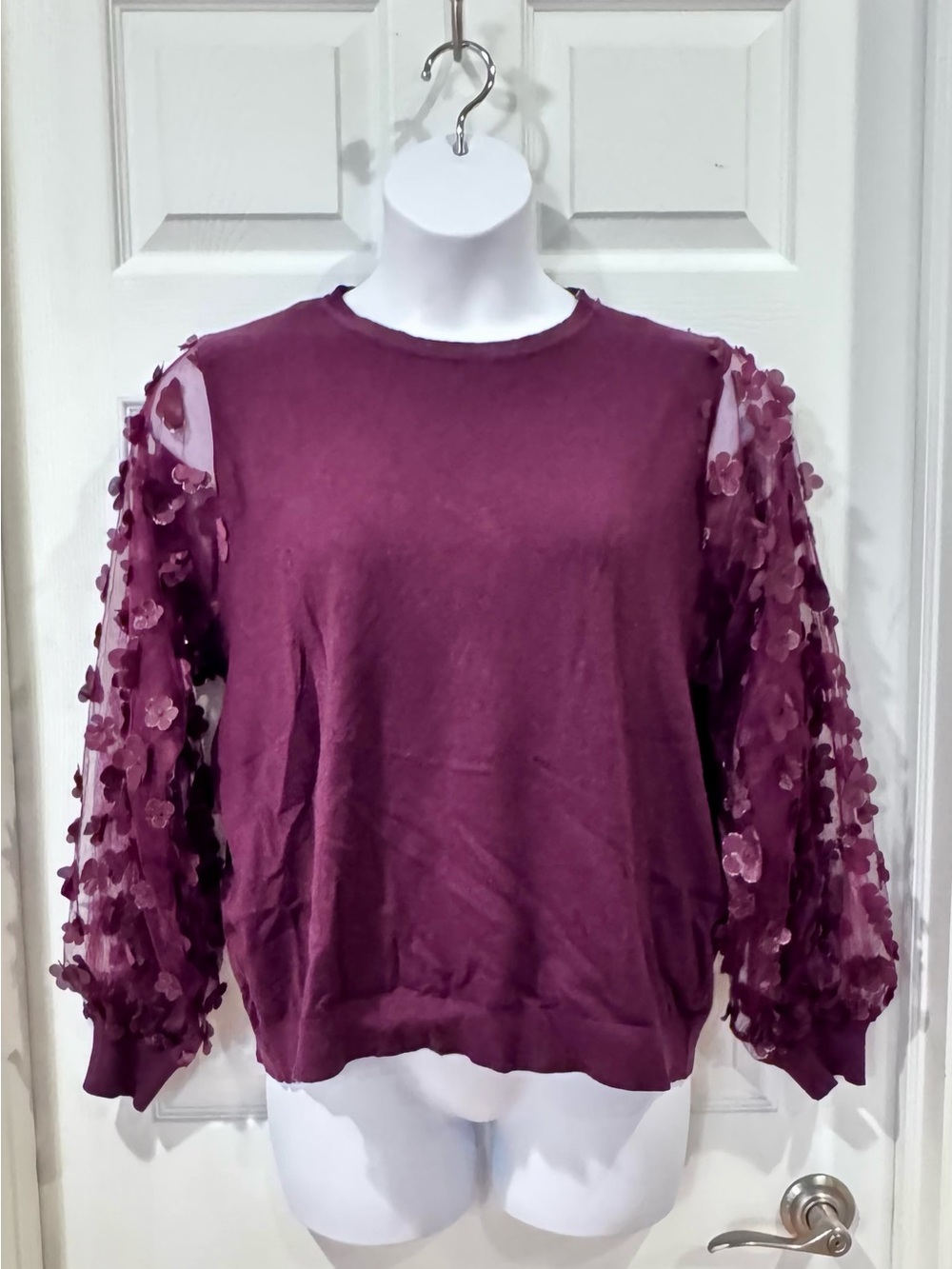Sioni Deep Plum Knit Top with 3D floral sleeves, sz 1x